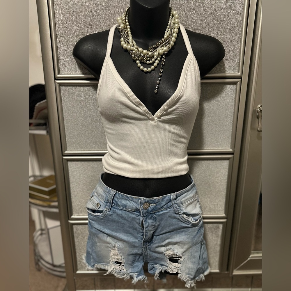 Light Blue Distressed Stretch Denim Shorts